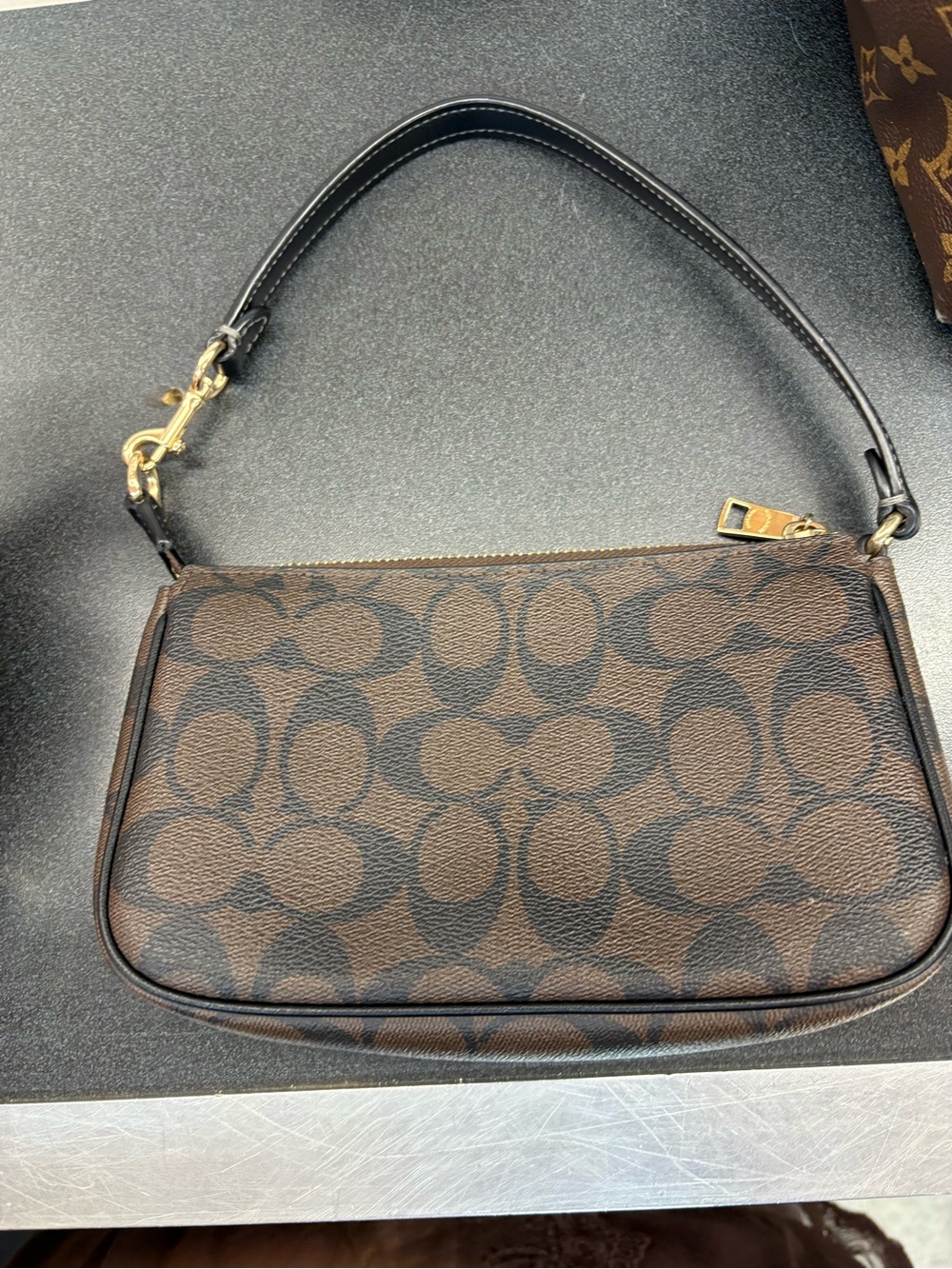 Coach Brown Signature Canvas Mini Shoulder Bag with Black Strap